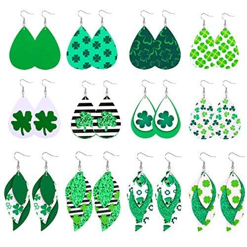 St.Patrick’s Day Faux Leather Earrings Bulk Green Teardrop Earring Lightweight Glitter Hat Drop Earring Layered Leaf Dangle Earring Jewelry Gifts for Women Girls