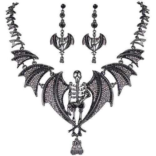 EVER FAITH Austrian Crystal Gothic Style Halloween Skull Bat Necklace Earrings Set