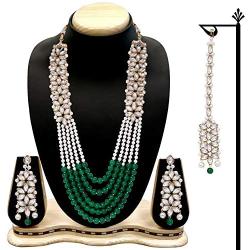Aheli Classy Faux Kundan Beaded Pearl Long Necklace with Maang Tikka Set Indian Ethnic Wedding Bridal Jewelry for Women