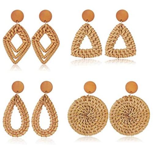 Finrezio 4 Pairs Rattan Dangle Earrings for Women Lightweight Bohemia Straw Wicker Braid Nature Brown Woven Geometric Statement Earring Set Handmade Jewelry