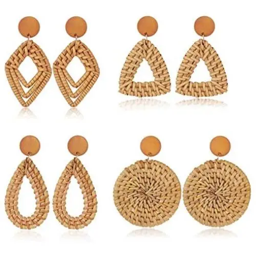 Finrezio 4 Pairs Rattan Dangle Earrings for Women Lightweight Bohemia Straw Wicker Braid Nature Brown Woven Geometric Statement Earring Set Handmade Jewelry Finrezio 4 Pairs Rattan Dangle Earrings for Women Lightweight Bohemia Straw Wicker Braid Nature Brown Woven Geometric Statement Earring Set Handmade Jewelry