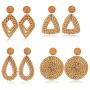 Finrezio 4 Pairs Rattan Dangle Earrings for Women Lightweight Bohemia Straw Wicker Braid Nature Brown Woven Geometric Statement Earring Set Handmade Jewelry