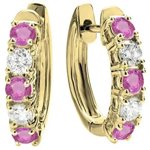 Dazzlingrock Collection 14K Round Gemstone & White Diamond Ladies Huggies Hoop Earrings, Yellow Gold