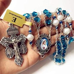 elegantmedical Ladder to Heaven Blue Crystal & AAA10MM Pearl Beads Catholic Rosary Cross crucifix Necklace gift