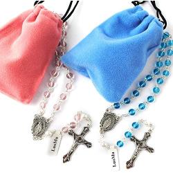 Luomu 2pcs Pink&Blue Glass Round Beads Rosary Necklace for Girls ans Boys with Pearl Glory Beads with Miraculous Center Piece and Crucifix Pack in Velvet Bag