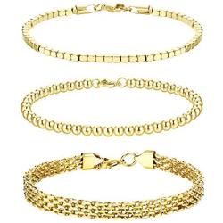 CASSIECA 3PCS Stainless Steel Chain Bracelets Set for Women Men Cuban Cube Bead Chain Bracelet Beaded Link Chain Bracelet Cable Bracelets Jewelry Gifts, Gold Silver Tone
