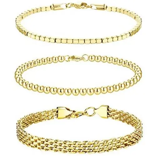 CASSIECA 3PCS Stainless Steel Chain Bracelets Set for Women Men Cuban Cube Bead Chain Bracelet Beaded Link Chain Bracelet Cable Bracelets Jewelry Gifts, Gold Silver Tone CASSIECA 3PCS Stainless Steel Chain Bracelets Set for Women Men Cuban Cube Bead Chain Bracelet Beaded Link Chain Bracelet Cable Bracelets Jewelry Gifts, Gold Silver Tone