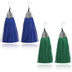 ZRosse 2 Pairs Bohemian Lightweight Handmade Tassels Dangle Drop Earrings Sets Long Fringe Vintage Boho Ethnic National Style Earrings Jewelry For Women Girls