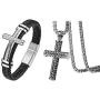Cupimatch 2 Pcs Mens Cross Pendant Necklace Leather Bracelet Set, Stainless Steel 22 inch Chian 8.3 inch Magnetic Braided Bangle Jewelry