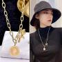 ZYHENG 14k Gold-Plated Titanium Steel Pony Queen Elizabeth Round Pendant Necklace, Fashion Sweater Chain Hip Hop Fashion Accessories