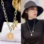 ZYHENG 14k Gold-Plated Titanium Steel Pony Queen Elizabeth Round Pendant Necklace, Fashion Sweater Chain Hip Hop Fashion Accessories