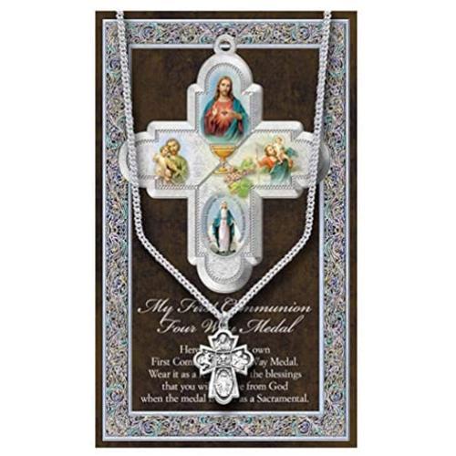 Rosemarie Collections Religious First Communion Four Way Cross Pendant Necklace with Prayer Card, 18''