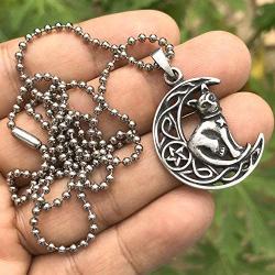 OhDeal4U Cat Jewelry Celtic Crescent Moon Star Pentacle Pentagram Magic Wiccan Wicca Pagan Witch Protection Amulet Mens Womens Pewter Pendant Charm Necklace for Men Women Girls Silver Ball Chain