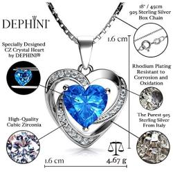 DEPHINI - Heart Necklace - 925 Sterling Silver - Branded Aqua CZ Crystal Pendant Birthstone - Fine Jewellery Love - 18'' Premium Rhodium Plated Silver Chain - Cubic Zirconia - Gifts for Women