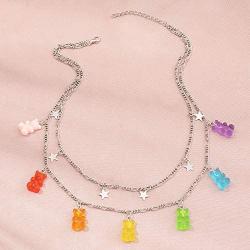 Gummy Bear Necklace Bracelet Set Colorful Transparent Resin Bear Cartoon Cute Candy Multicolor Necklace for Women Girls Lovely Jewelry