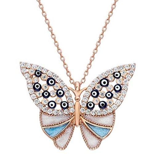 Absent Design Butterfly Necklaces for Women | Turquoise Aesthetic Jewelry | Evil Eye Pendant Necklace | Butterfly Gifts For Teen Girls-Rose Gold Necklace.