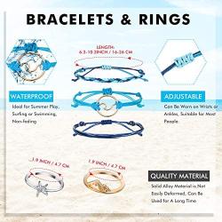 Hicarer 31 Pieces Surfer Strand Wave Bracelet Adjustable Waterproof Handmade Friendship Wax Wrap Bracelet Anklet Sunflower Braided Beach Bracelets for Teen Girls and 19 Pieces Star Moon Knuckle Ring