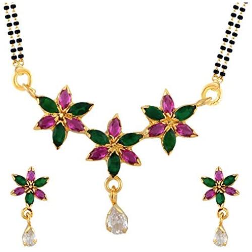 Efulgenz Indian Bollywood Traditional Gold Plated Ruby Emerald/Color CZ Stone Mangalsutra Pendant Necklace Jewelry with Chain for Women