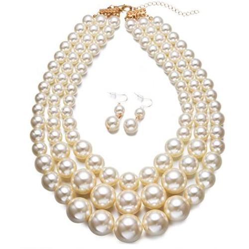 Faux Big White Pearl 3 Layer Chunky Necklace and Earrings Bib Costume Jewelry Set
