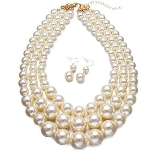 Faux Big White Pearl 3 Layer Chunky Necklace and Earrings Bib Costume Jewelry Set Faux Big White Pearl 3 Layer Chunky Necklace and Earrings Bib Costume Jewelry Set