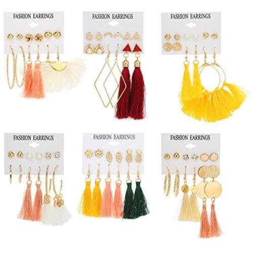 36 Pairs Tassel Earrings Colorful Long LayeredThread Ball Dangle Earrings Stud Earring Bohemian Tiered Tassel Drop Earrings Fashion Jewelry for Women Gifts