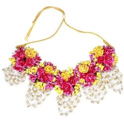 SANARA Indian Flower Bridal Necklace Earring Tikka Set with Hath Phool Women Traditional Mehendi Necklace Gota Jewelry Pink & Red Rose Flower Gota Patti Jewelry Set