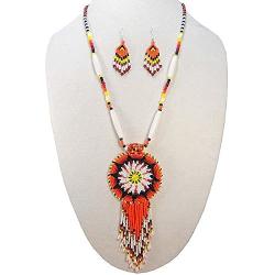HANDMADE BEADED INDIAN FASHION JEWELRY ORANGE BLACK NATIVE STYLE STAR SEED BEADED MEDALLION NECKLACE EARRINGS SET S51/2