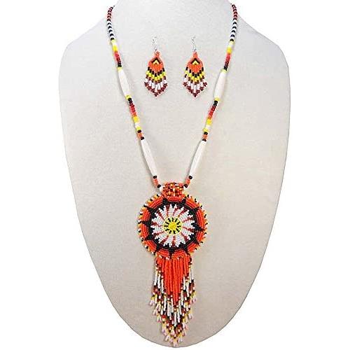 HANDMADE BEADED INDIAN FASHION JEWELRY ORANGE BLACK NATIVE STYLE STAR SEED BEADED MEDALLION NECKLACE EARRINGS SET S51/2