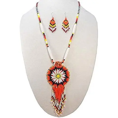 HANDMADE BEADED INDIAN FASHION JEWELRY ORANGE BLACK NATIVE STYLE STAR SEED BEADED MEDALLION NECKLACE EARRINGS SET S51/2 HANDMADE BEADED INDIAN FASHION JEWELRY ORANGE BLACK NATIVE STYLE STAR SEED BEADED MEDALLION NECKLACE EARRINGS SET S51/2