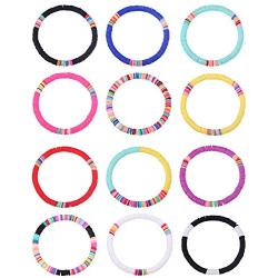 BOMAIL 12 Pcs Heishi Surfer Bracelets African Vinyl Disc 6mm Beads Polymer Clay Rainbow Bracelet Elastic Rope Bracelet Set Summer Beach Jewelry for Women Girls