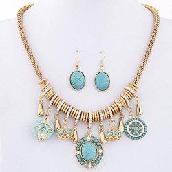Simsly Vintage Crystal Necklace Gold Turquoise Pendant Necklace Chain Jewelry with Earring for Women and Girls