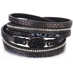 FANCY SHINY Leather Wrap Bracelet Boho Cuff Bracelets Crystal Bead Bracelet with Magnetic Clasp Jewelry Gifts for Women Teen Girls