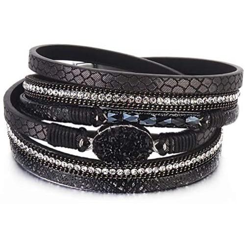 FANCY SHINY Leather Wrap Bracelet Boho Cuff Bracelets Crystal Bead Bracelet with Magnetic Clasp Jewelry Gifts for Women Teen Girls