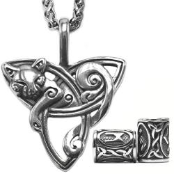 Gungneer Triquetra Cat Pendant Necklace with Steel Keel Chain, Celtic Trinity Knot Zodiac Charm Necklace for Women Men, 316L Stainless Steel Bonus 2X Runic Beard Beads