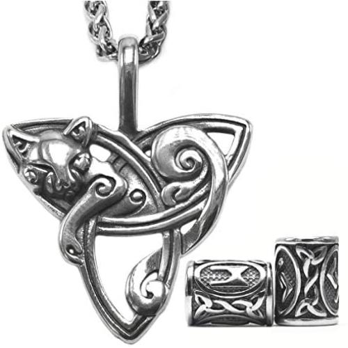 Gungneer Triquetra Cat Pendant Necklace with Steel Keel Chain, Celtic Trinity Knot Zodiac Charm Necklace for Women Men, 316L Stainless Steel Bonus 2X Runic Beard Beads