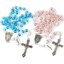 Luomu 2pcs Pink&Blue Glass Round Beads Rosary Necklace for Girls ans Boys with Pearl Glory Beads with Miraculous Center Piece and Crucifix Pack in Velvet Bag