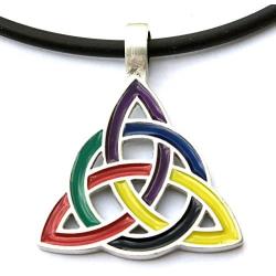 Celtic Knot Jewelry Rainbow Colored Charmed Triquetra Trinity Medieval Pagan LGBT Pride Gay Lesbian Transgender Bisexual Silver Pewter Pendant Necklace Charm Wicca Protection Amulet W Black PVC Cord
