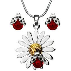 DianaL Boutique Beautiful Silvertone Daisy Flower Ladybug Pendant Necklace and Earrings Stud Set 21'' Chain Gift Boxed Fashion Jewelry