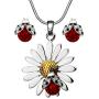 DianaL Boutique Beautiful Silvertone Daisy Flower Ladybug Pendant Necklace and Earrings Stud Set 21'' Chain Gift Boxed Fashion Jewelry