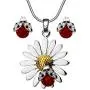 DianaL Boutique Beautiful Silvertone Daisy Flower Ladybug Pendant Necklace and Earrings Stud Set 21'' Chain Gift Boxed Fashion Jewelry
