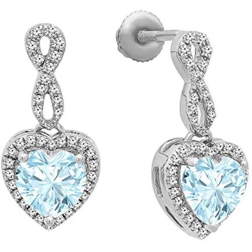 Dazzlingrock Collection 10K 6 MM Each Heart Gemstone & Round Diamond Ladies Swirl Dangling Drop Earrings, White Gold