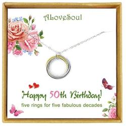 ALoveSoul 50th Birthday Gifts for Women - 925 Sterling Silver Five Circle intertwined Necklace for Her 5 Decade Jewelry 50 Years Old Presents