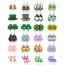 Honsny 24 Pairs St Patrick’s Day Easter Faux Leather Earrings Set Irish Shamrock Clover Green Hat Easter Egg Rabbit Teardrop Earrings for Women Drop Dangle Earrings Jewelry