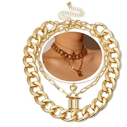 Minimalist Lock Lariat Necklace Layered Necklace Puffy Tiny Heart Necklace Chunky Chain Simple Style for Everyday Wear