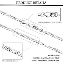 Subiceto 4MM Stainless Steel Figaro Chain Necklace for Men Women Flat Link Necklace 16/18 /20/22 /24 Inches