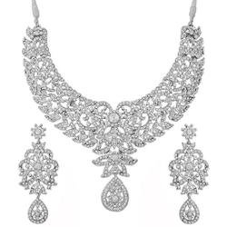 Touchstone Hollywood Glamour Pretty Filigree White Rhinestone Studded Diamond Look Designer Bridal Jewelry hasli Necklace Set for Women in Silver Tone