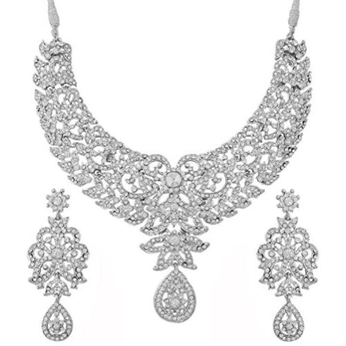 Touchstone Hollywood Glamour Pretty Filigree White Rhinestone Studded Diamond Look Designer Bridal Jewelry hasli Necklace Set for Women in Silver Tone