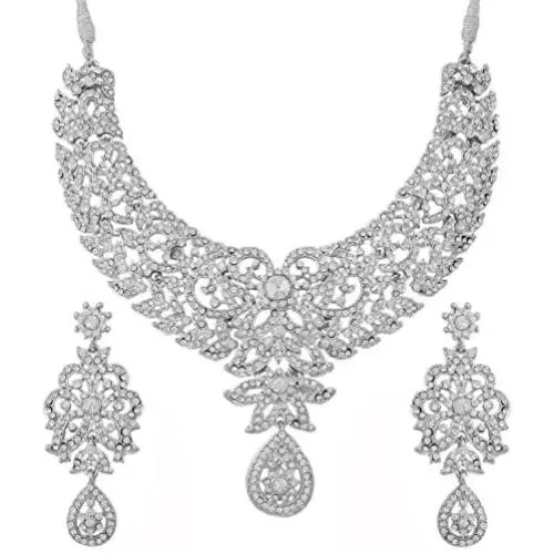 Touchstone Hollywood Glamour Pretty Filigree White Rhinestone Studded Diamond Look Designer Bridal Jewelry hasli Necklace Set for Women in Silver Tone