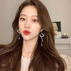 Asymmetrical Star Moon Tassel Drop Dangle Earrings Long Lucky Star Planet Cubic Zirconia Earrings for Women Girls