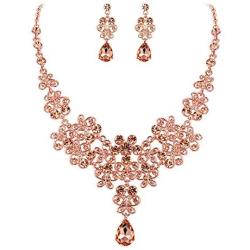 BriLove Wedding Bridal Jewelery Set for Women Rhinestone Butterfly Filigree Statement Necklace Dangle Earrings Peach Morganite Color Rose-Gold-Toned